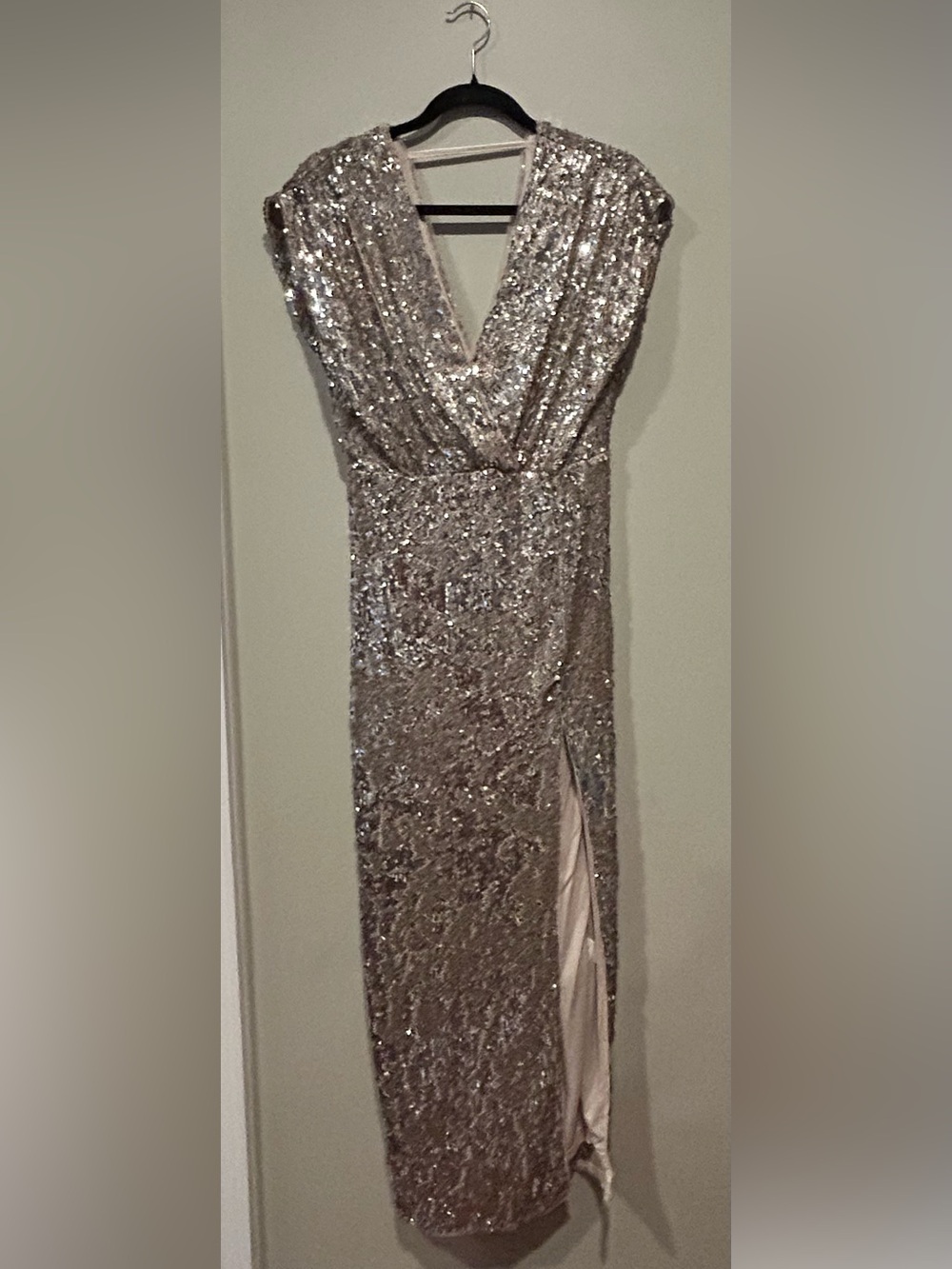 Sequin V-Neck Evening Gown in Silver